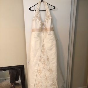 David's Bridal Ivory Halter Gown with Champagne Sash
